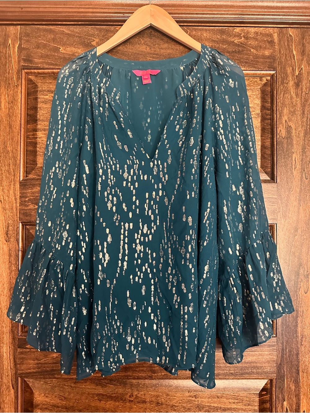 Lilly Pulitzer Teal Metallic Dot V-Neck Bell Sleeve Top